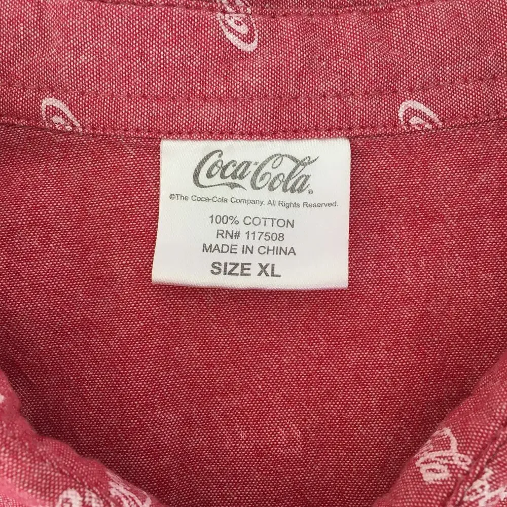 Coca-Cola Shirt Mens Extra Large Red/White Short Sleeved Button Down 100% Cotton